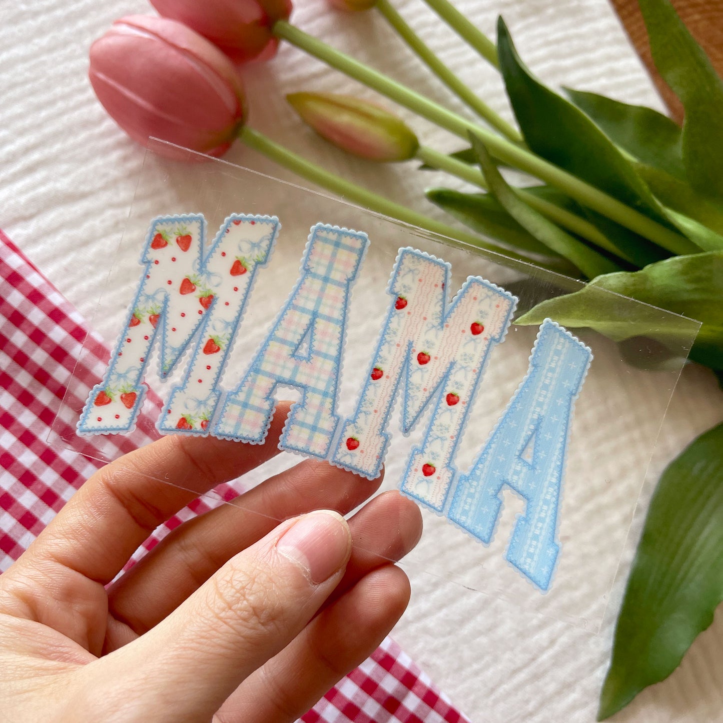 [ Double Sided ] UV DTF Transfer | Blue Coquette Strawberry MAMA