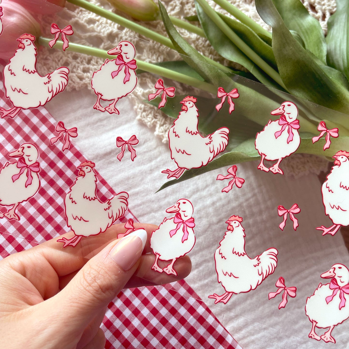 [ Double Sided ] 16oz Cup UV DTF Decal | Coquette Bow Chicken & Duck