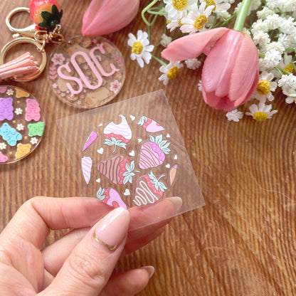 [ Double Sided ] Circle UV DTF Decal | Chocolate Covered Strawberry