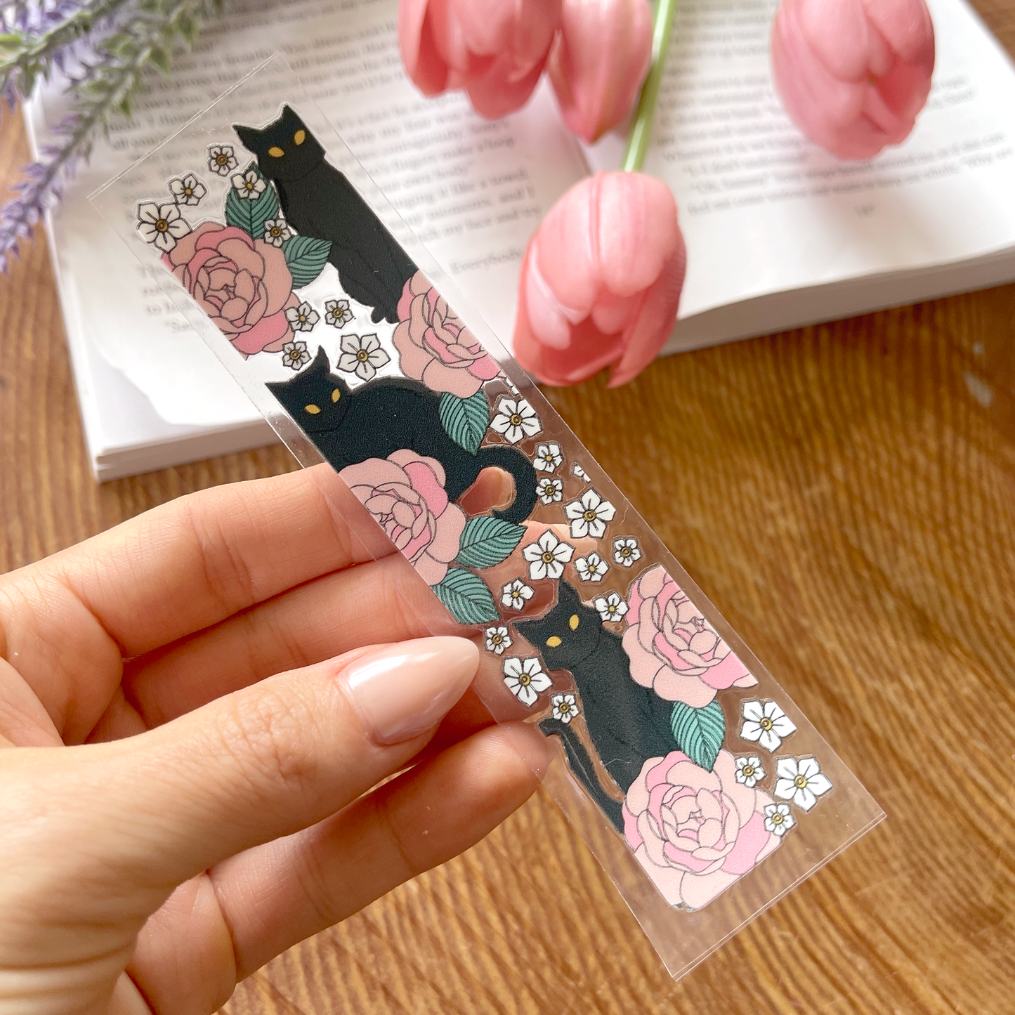 [ Double Sided ] Bookmark UV DTF Decal | Black Cat & Roses