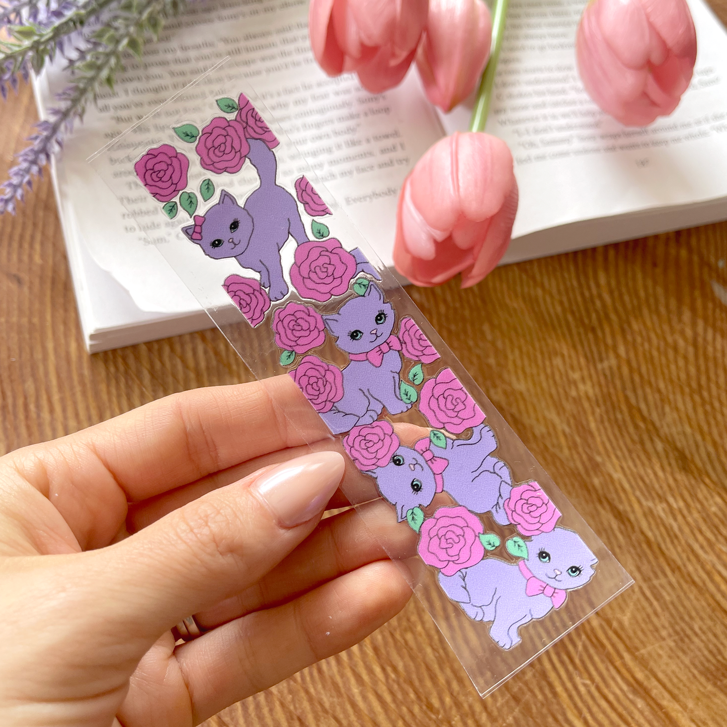 [ Double Sided ] Bookmark UV DTF Decal | Kitty & Roses