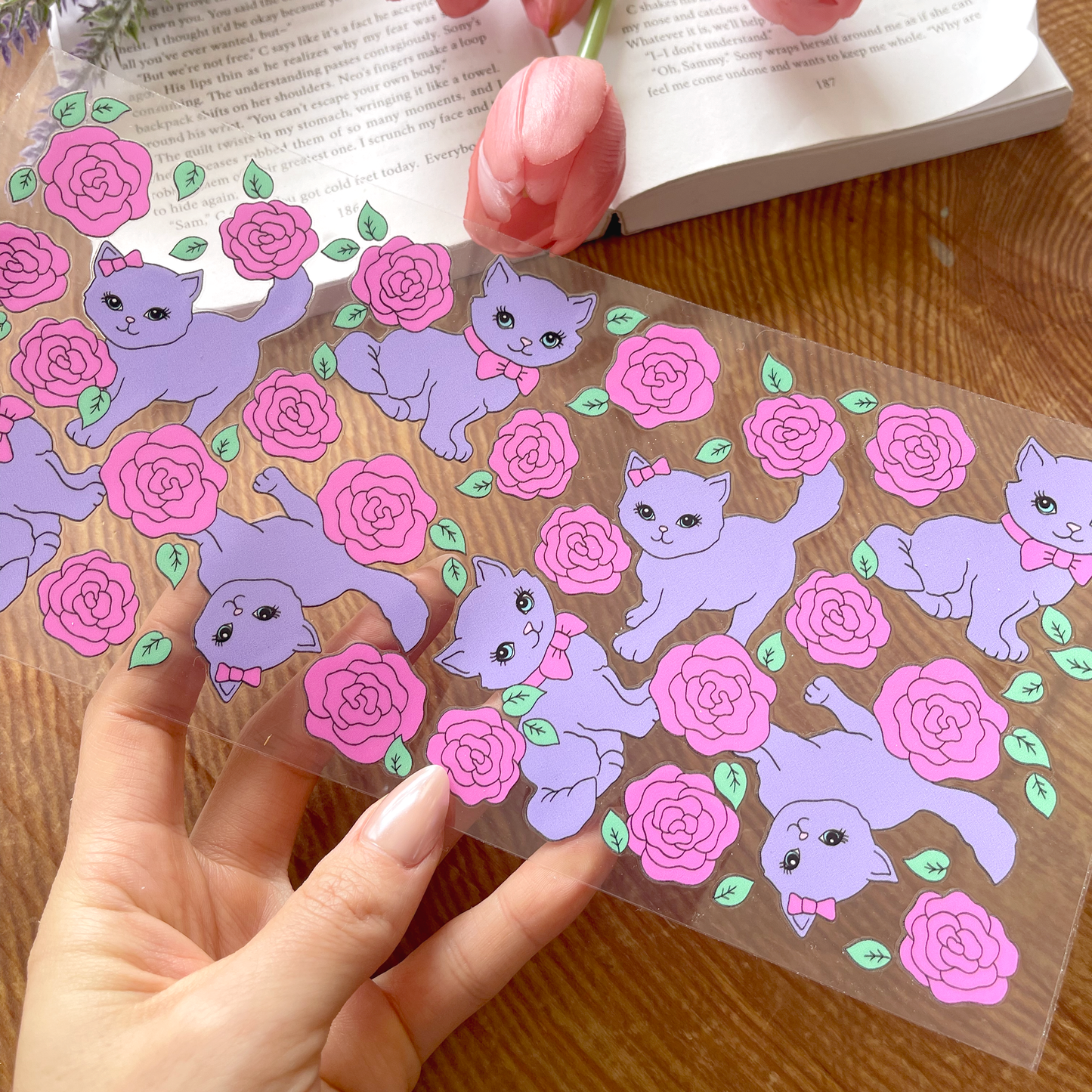[ Double Sided ] 16oz Cup UV DTF Decal | Kitty & Roses