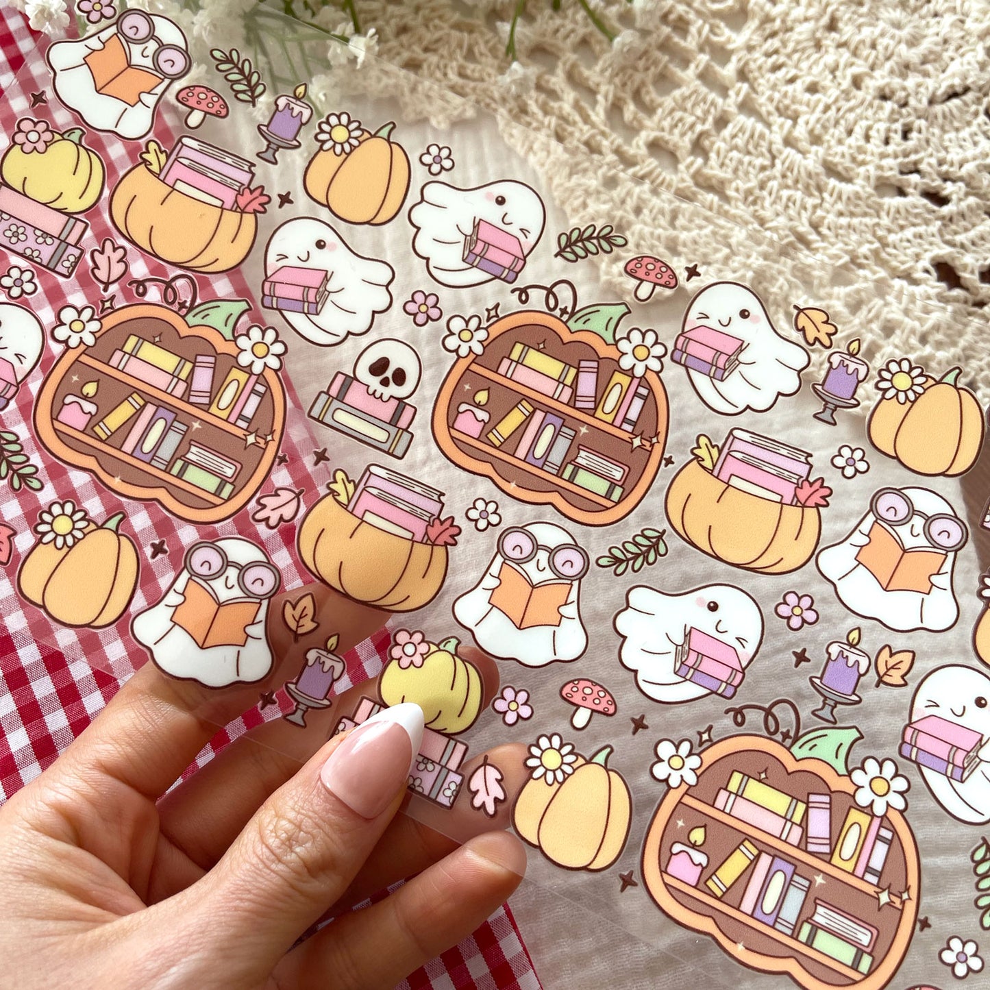 [ Double Sided ] 16oz Cup UV DTF Decal | Halloween Ghost Bookshelf