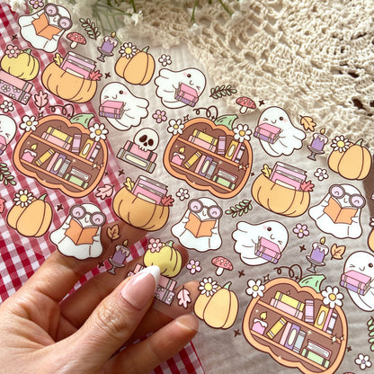 [ Double Sided ] 16oz Cup UV DTF Decal | Halloween Ghost Bookshelf