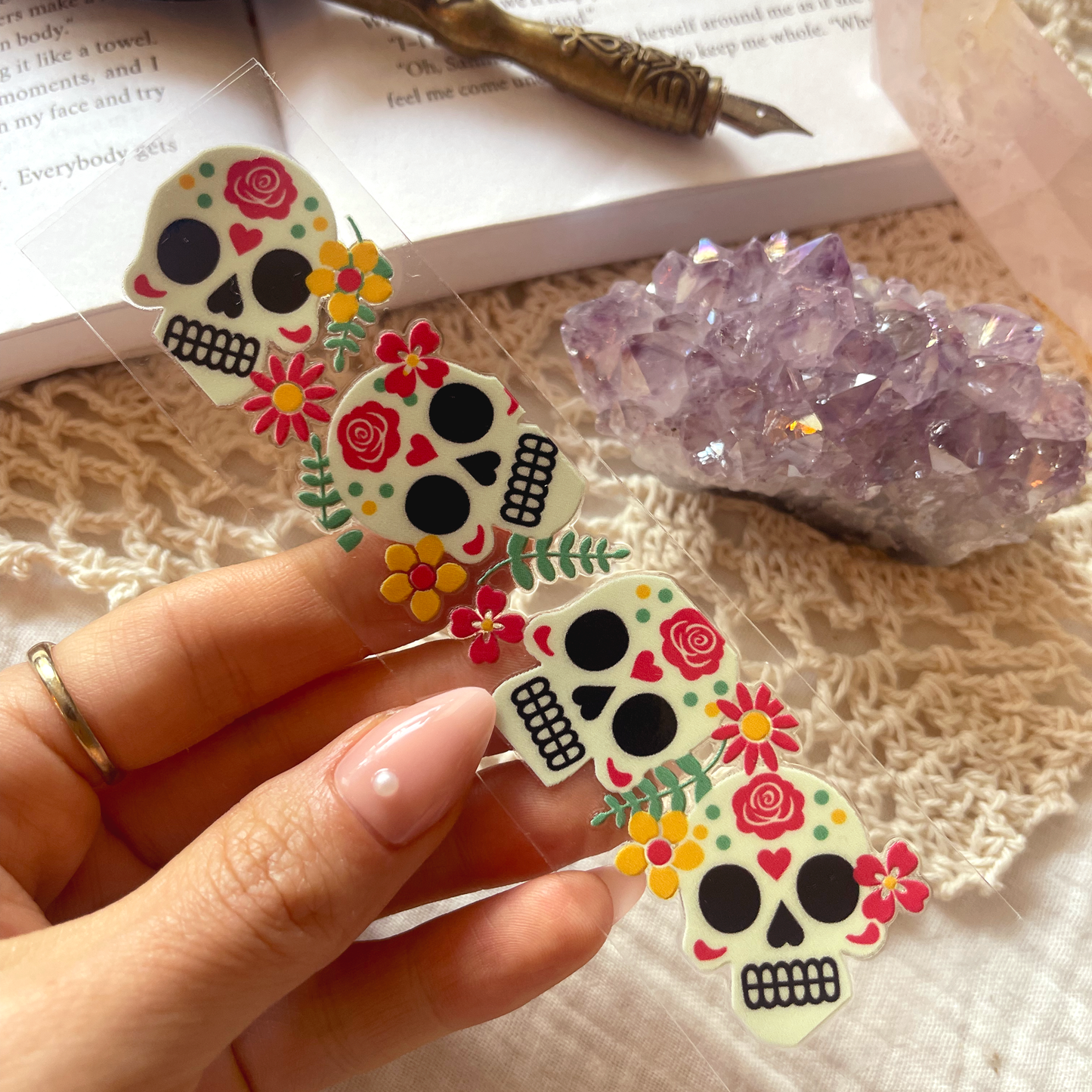 [ Double Sided ] Bookmark UV DTF Decal | Rosy Skull
