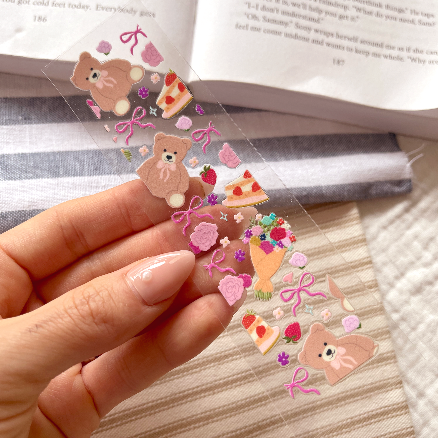 [ Double Sided ] Bookmark UV DTF Decal | Strawberry & Bear