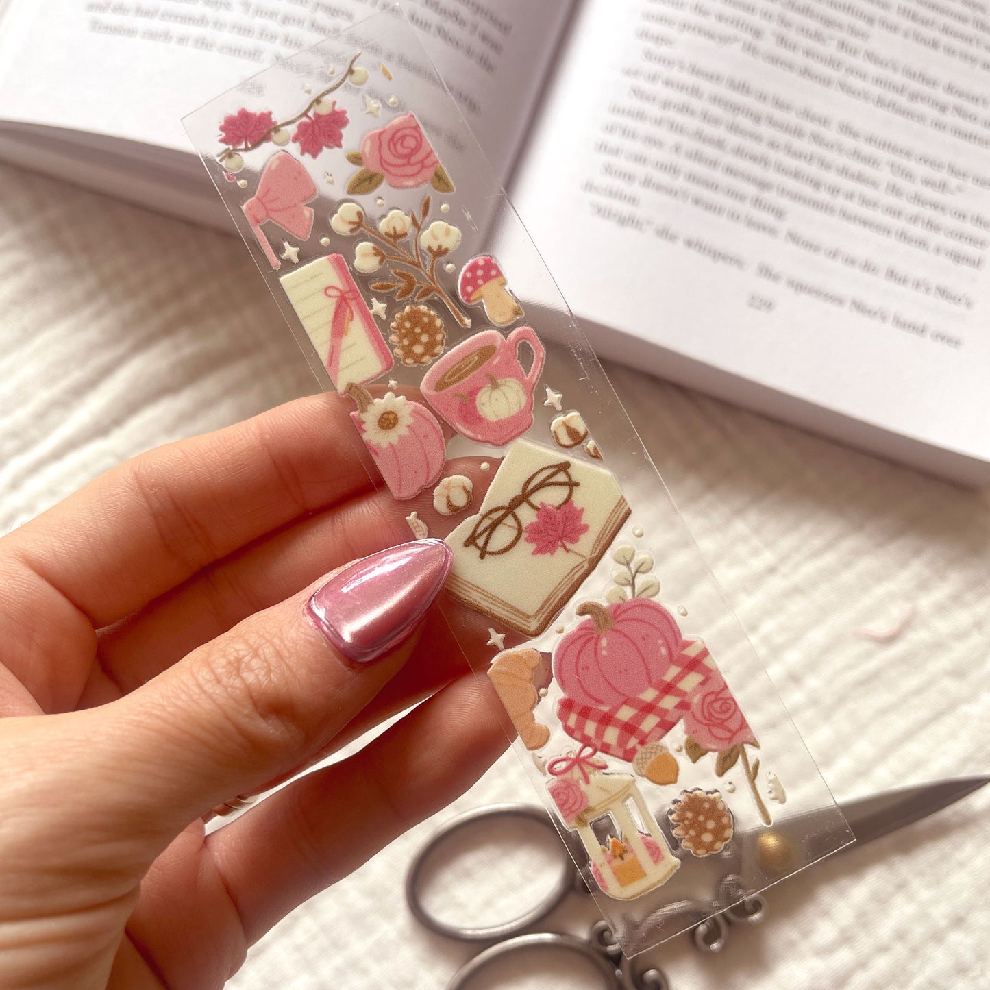 [ Double Sided ] Bookmark UV DTF Decal | Cozy Blush Fall