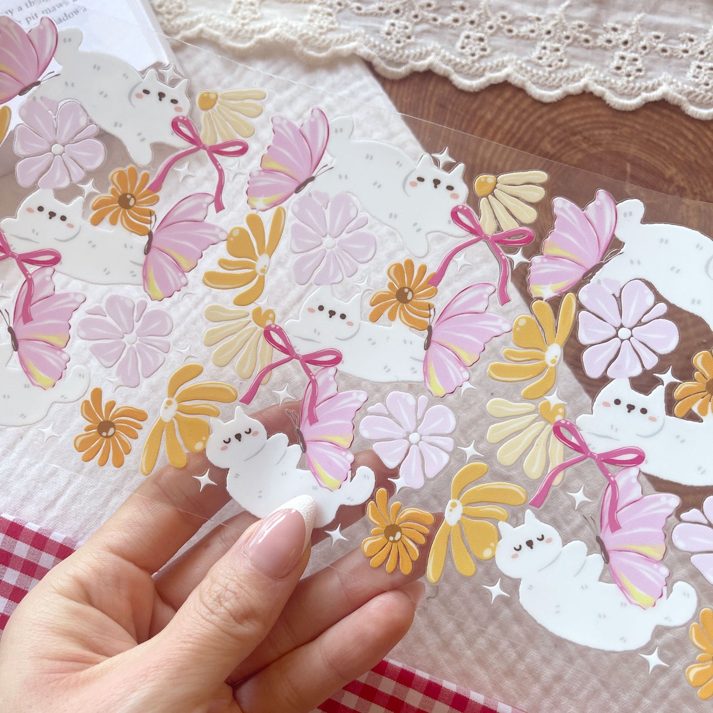 [ Double Sided ] 16oz Cup UV DTF Decal | White Cat x Flower Field 🌸