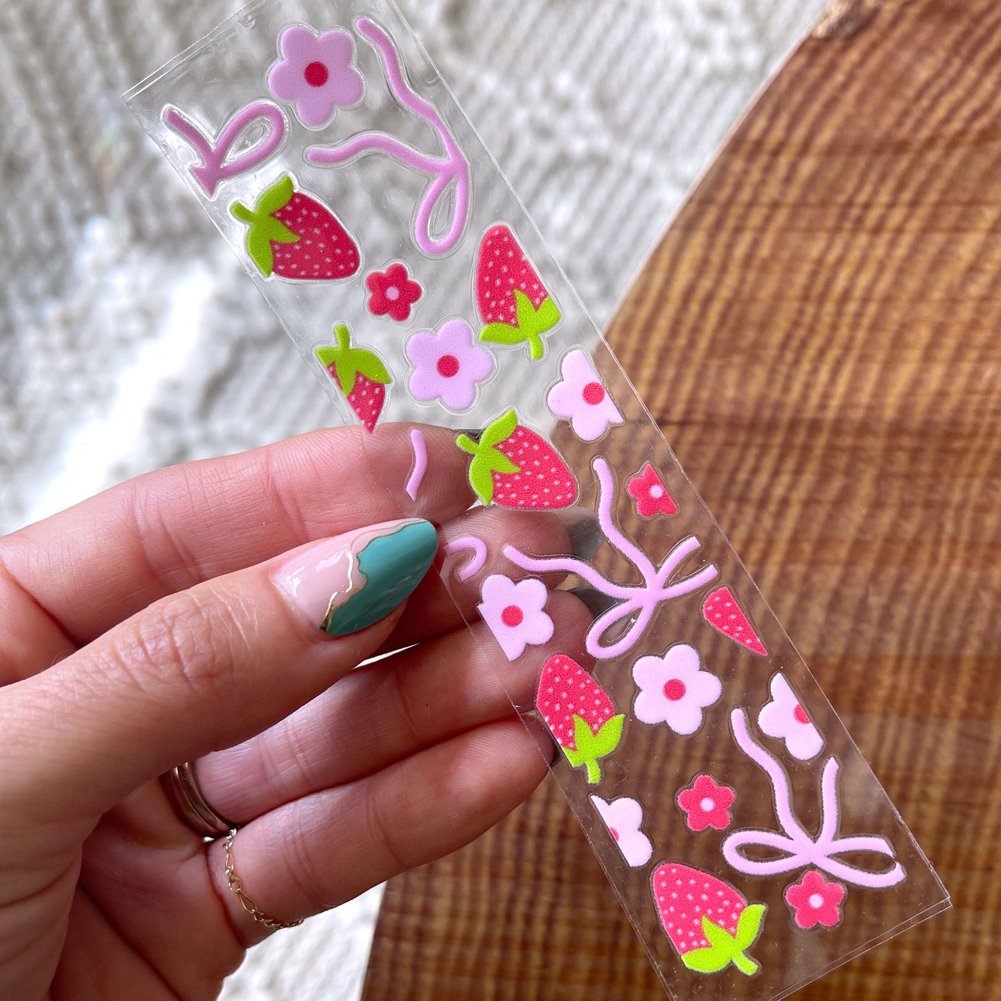 [ Double Sided ] Bookmark UV DTF Decal | Pink Bow Strawberry