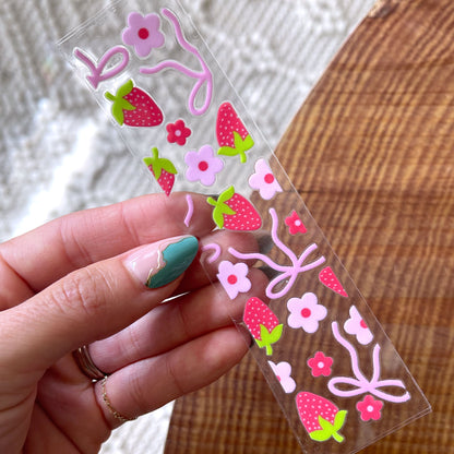 [ Double Sided ] Bookmark UV DTF Decal | Pink Bow Strawberry