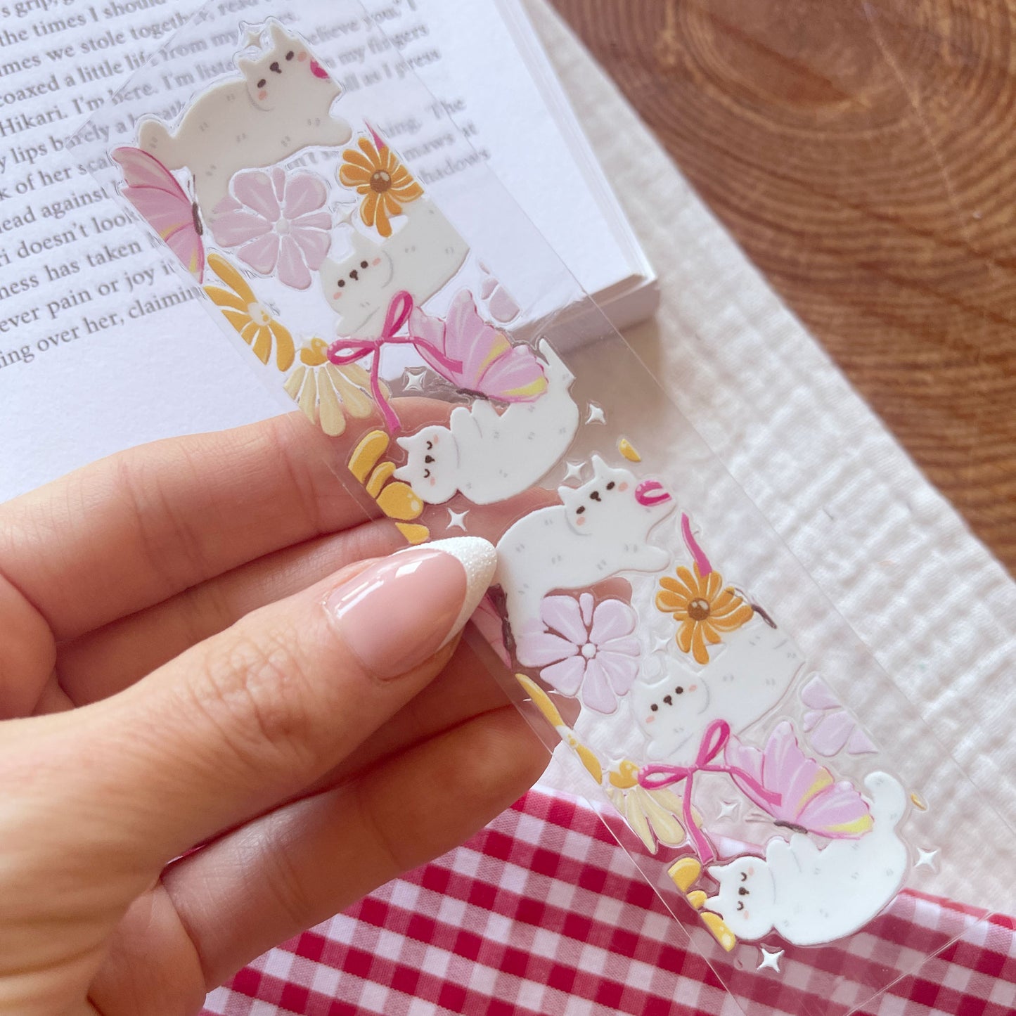 [ Double Sided ] Bookmark UV DTF Decal | White Cat x Flower Field 🌸