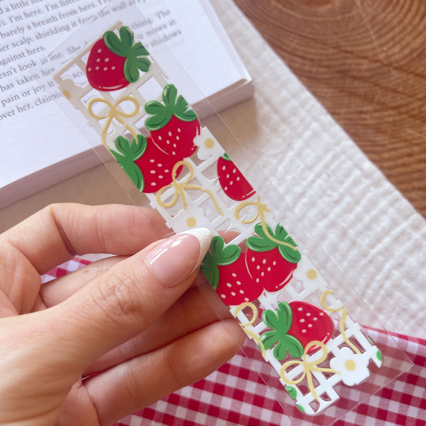 [ Double Sided ] Bookmark UV DTF Decal | Romantic Strawberry Checkered