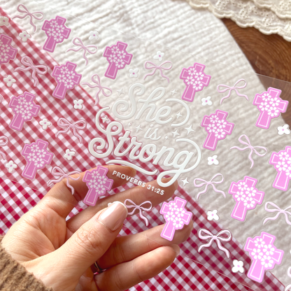 [ Double Sided ] 16oz Cup UV DTF Decal | "She Is Strong" with Floral Cross