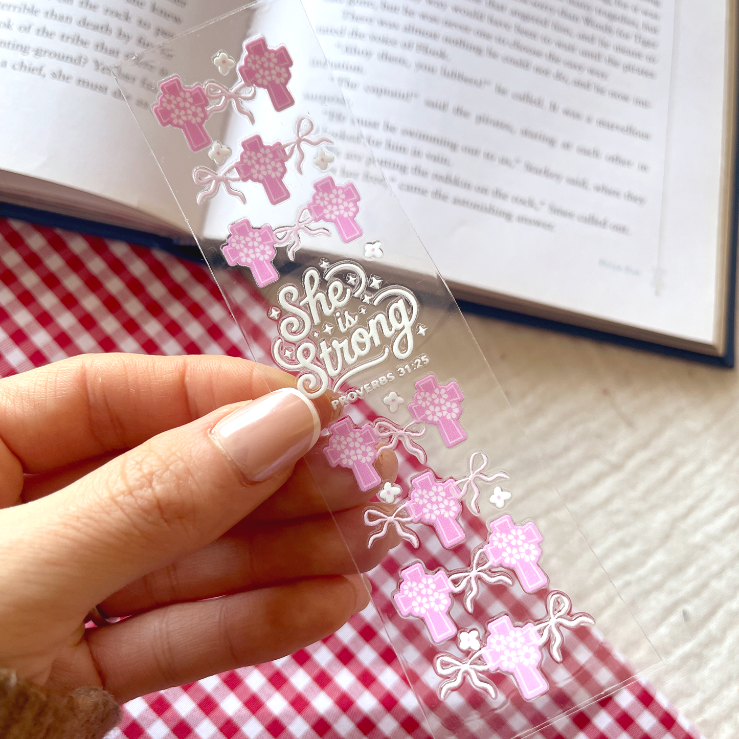 [ Double Sided ] Bookmark UV DTF Decal | "She Is Strong" with Floral Cross