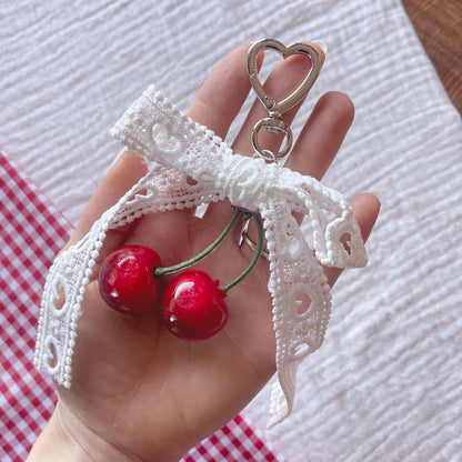 Lace Bow & Cherry Keychain