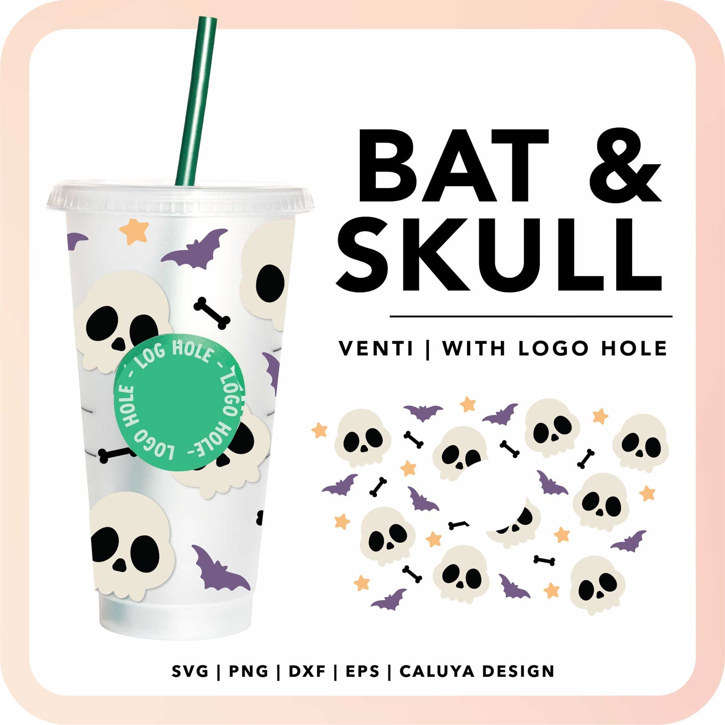 With Logo Venti Cup Wrap SVG | Skull & Bat Halloween Wrap SVG Cut File for Cricut, Cameo Silhouette | Free SVG Cut File