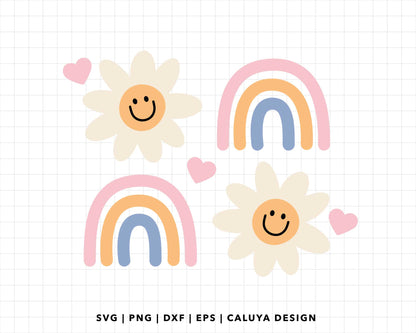 FREE Floral Retro Smiley Face with Rainbow SVG | Groovy SVG