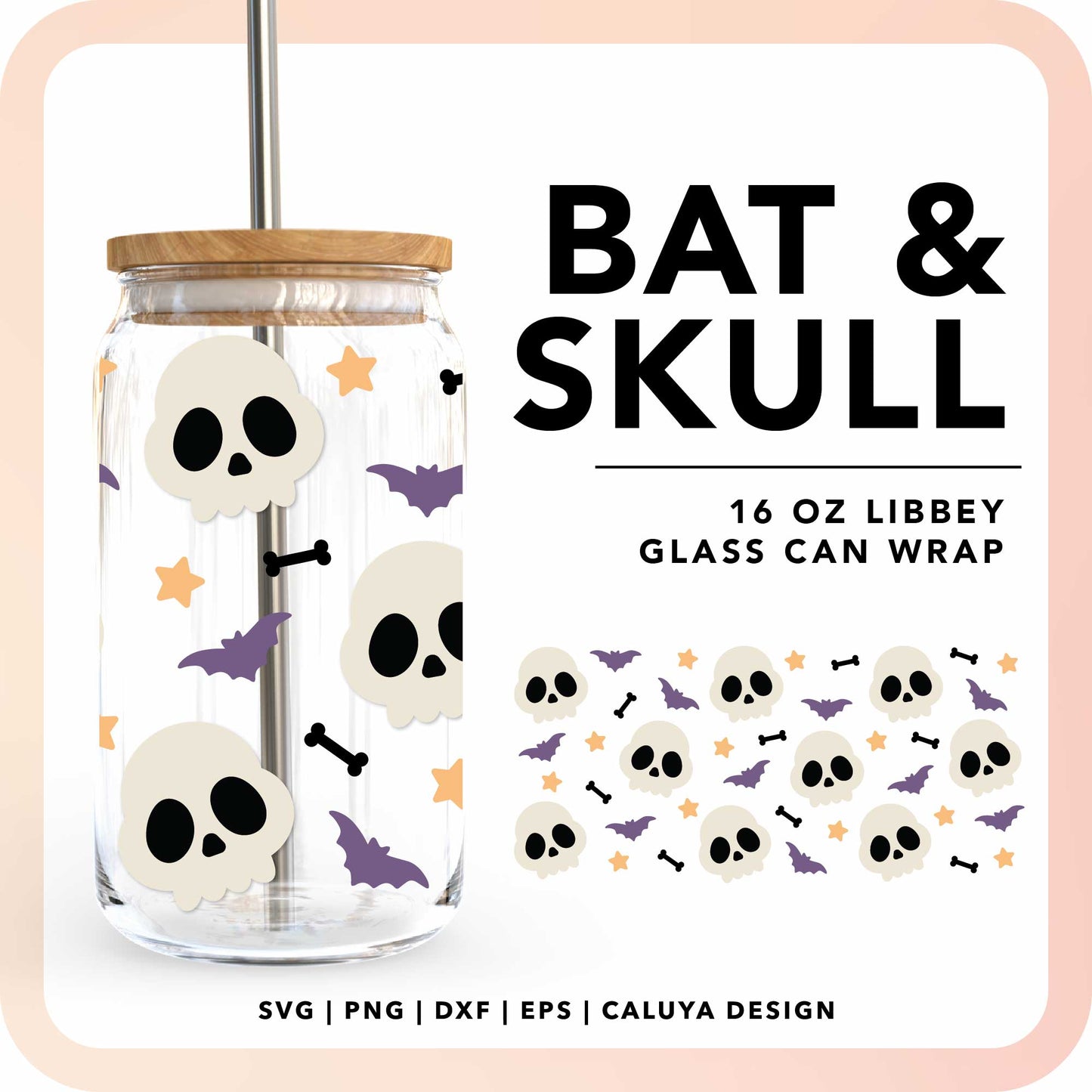 16oz Libbey Can Cup Wrap | Skull & Bat Halloween Wrap SVG Cut File for Cricut, Cameo Silhouette | Free SVG Cut File
