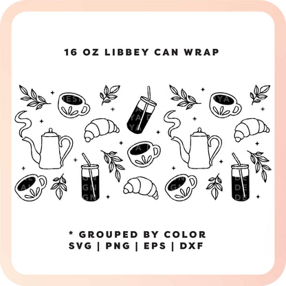 16oz Libbey Can Cup Wrap SVG | Coffee Time Outline SVG