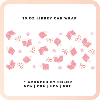 16oz Libbey Can Cup Wrap SVG | Book Pink Bow SVG