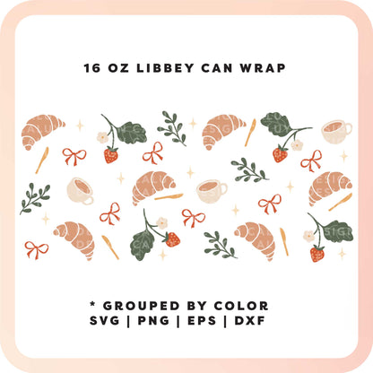 16oz Libbey Can Cup Wrap SVG | Coffee Time Croissant SVG