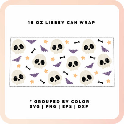 16oz Libbey Can Cup Wrap | Skull & Bat Halloween Wrap SVG
