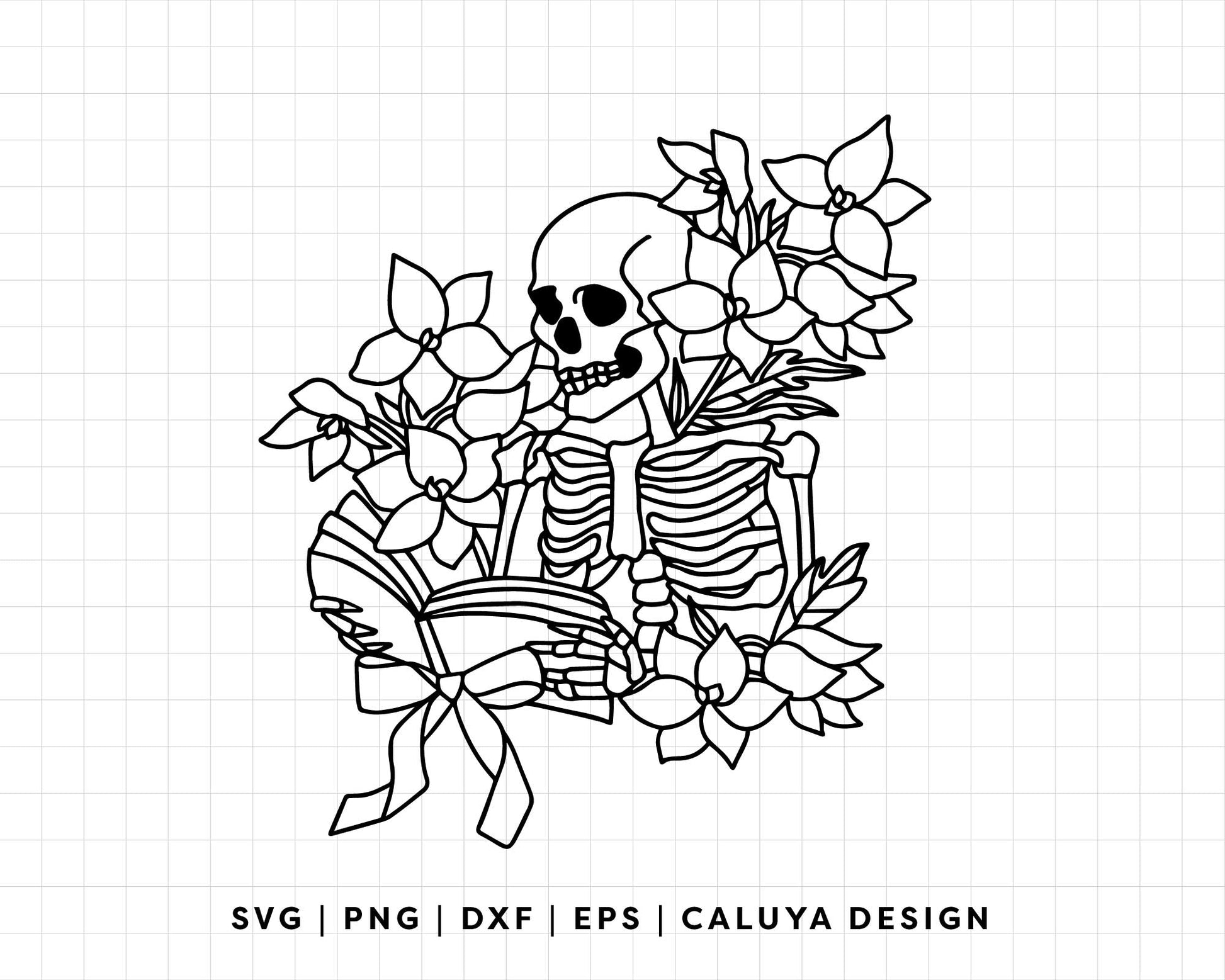 FREE Floral Skeleton SVG | Skeleton With Book Outline SVG