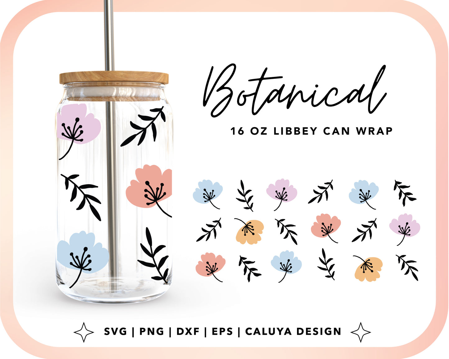 [ SVG Digital File] 16oz Libbey Can Cup Wrap | Botanical Flower