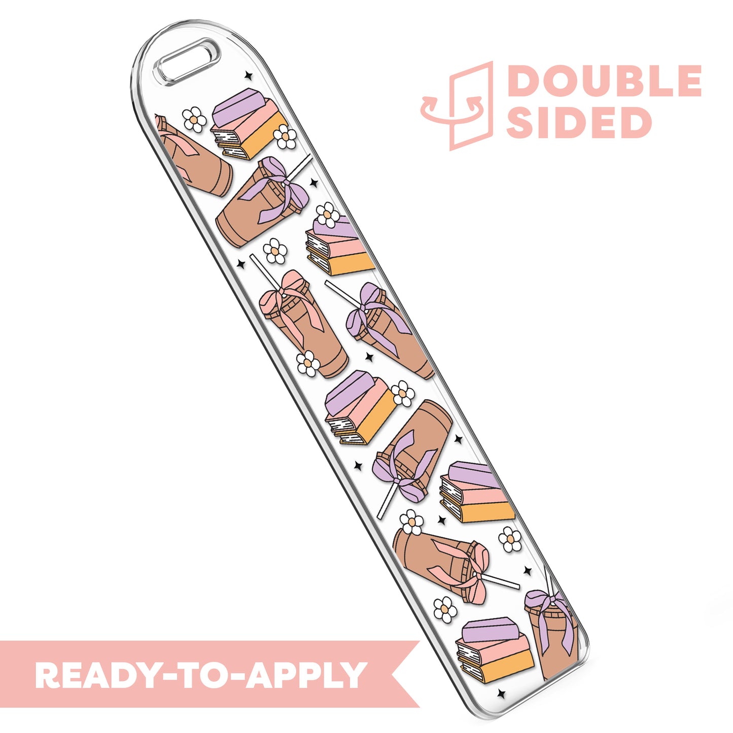 [ Double Sided ] Bookmark UV DTF Decal | Bow, Books & Iced Coffee