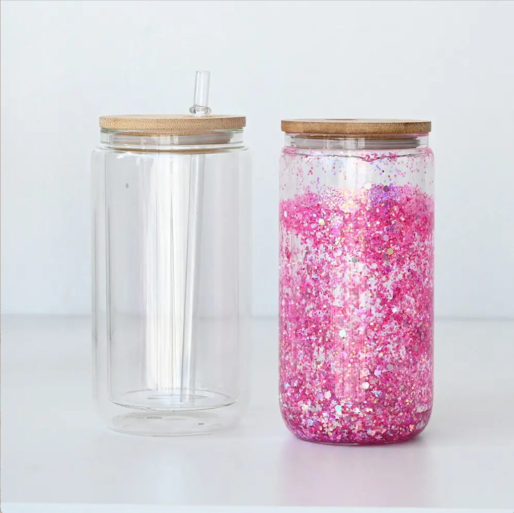 GLASS or Plastic Option: Snow Globe 16oz Cup | Double Wall Cup + Bamboo Lid