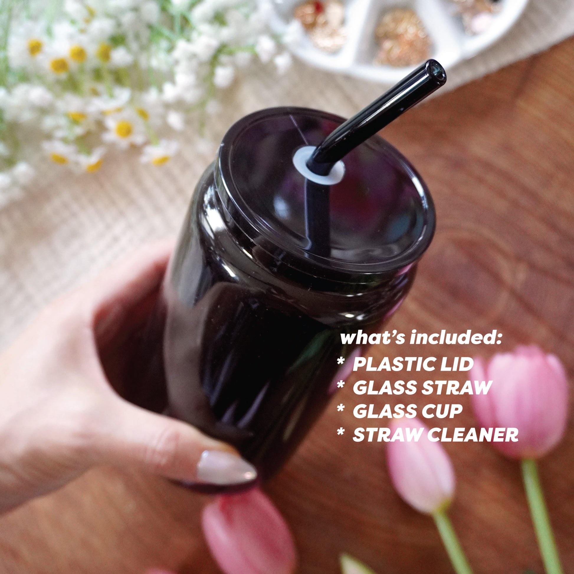 16oz Glass Can withPlastic Lid and Glass Straw | Solid Black