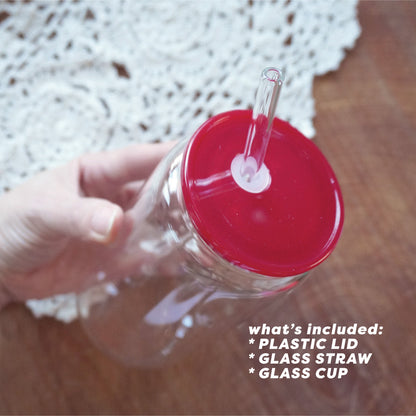 16oz Glass Can | Clear Cup + Burgundy Plastic Lid