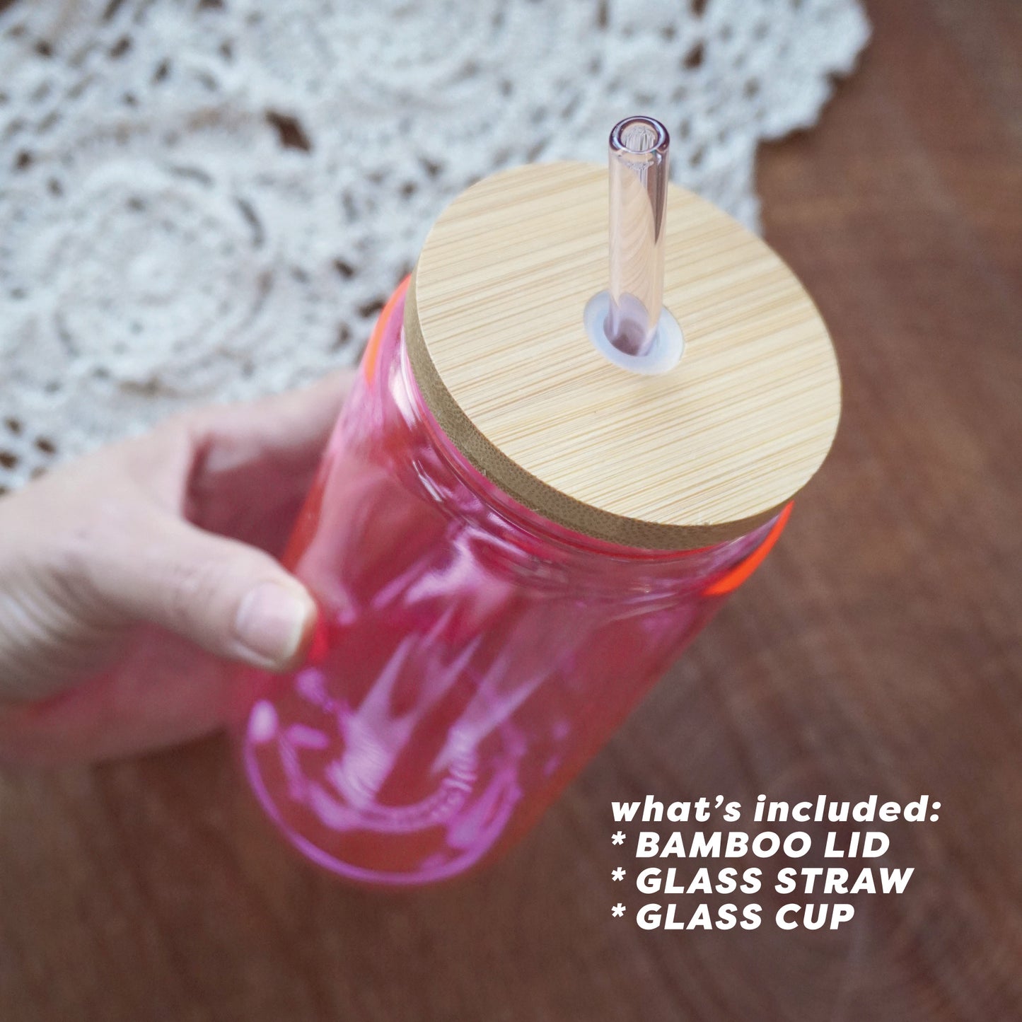 16oz Glass Can | Translucent Pink + Bamboo Lid