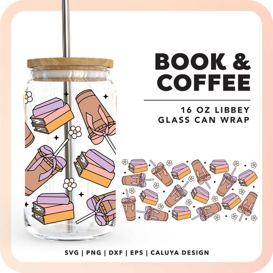 [ Digital File ] 16oz Libbey Can Wrap SVG | Book, Coffee and Flower SVG