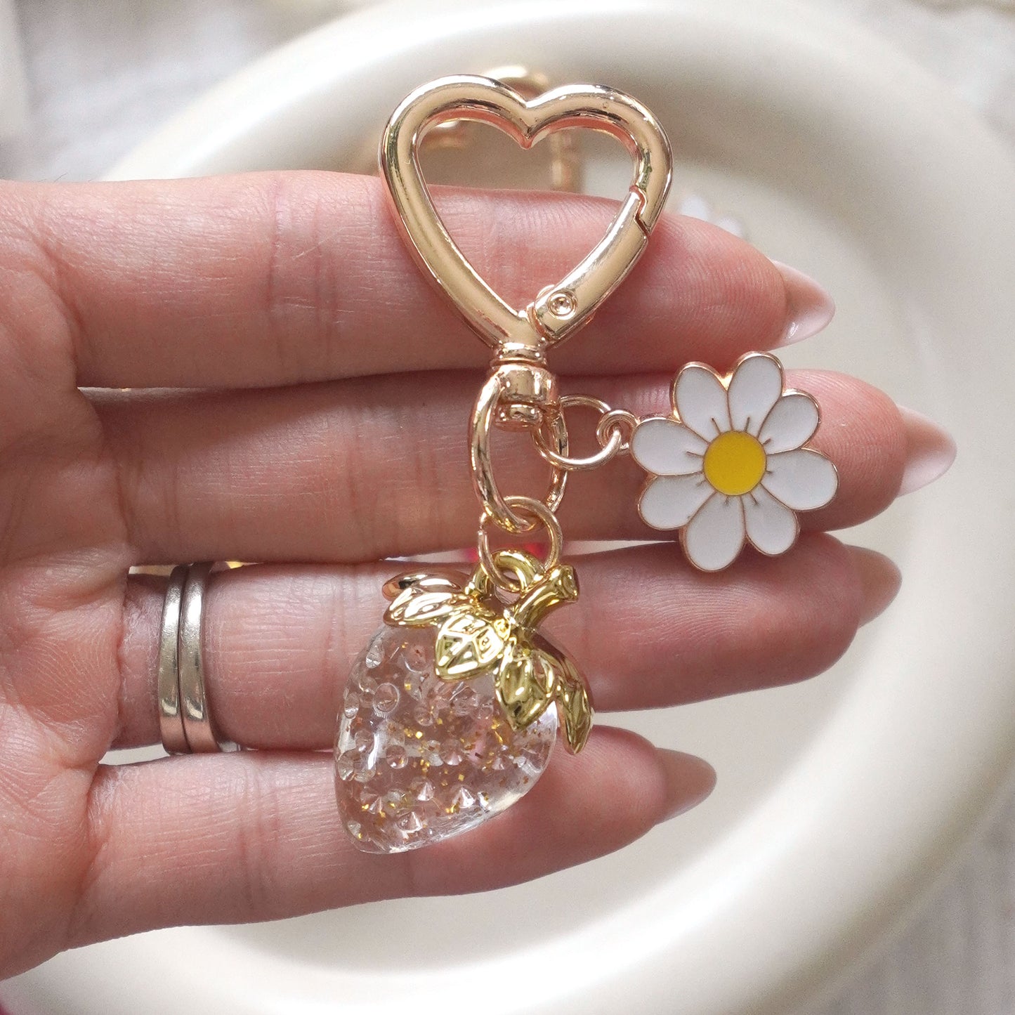 3D Strawberry + Flower Charm Keychain