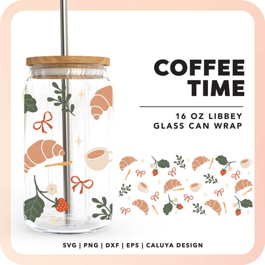 16oz Libbey Can Cup Wrap SVG | Coffee Time Croissant SVG