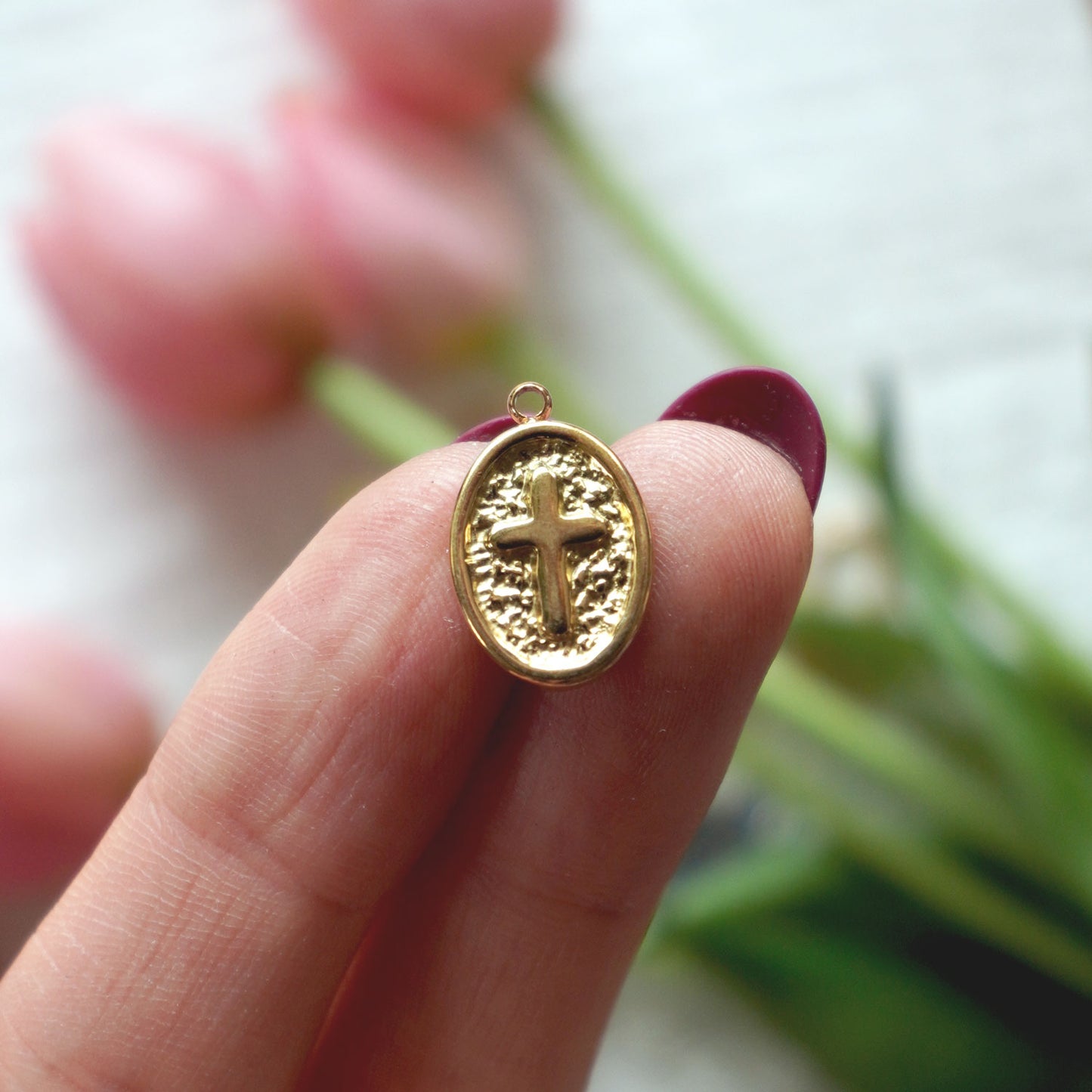 Cross Oval Charm | 18K Gold Plated