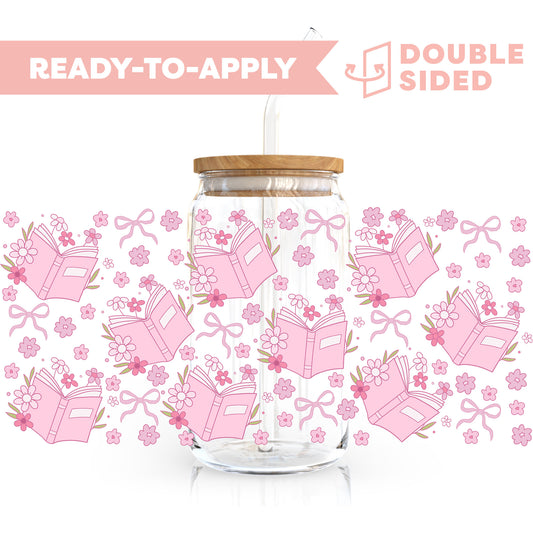 [ Double Sided ] 16oz Cup UV DTF Decal | Floral Book Pink