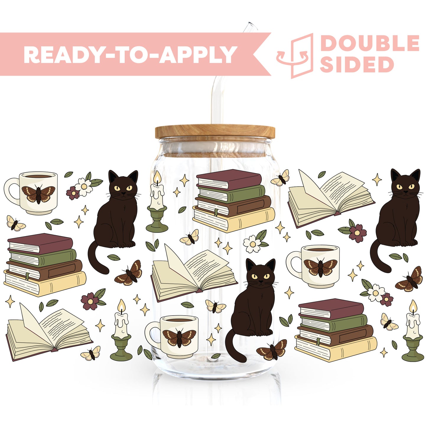 [ Double Sided ] 16oz Cup UV DTF Decal | Cat Dark Academia
