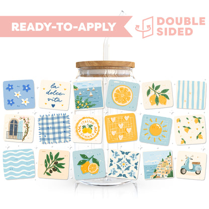 [ Double Sided ] 16oz Cup UV DTF Decal | Blue Summer Patchwork