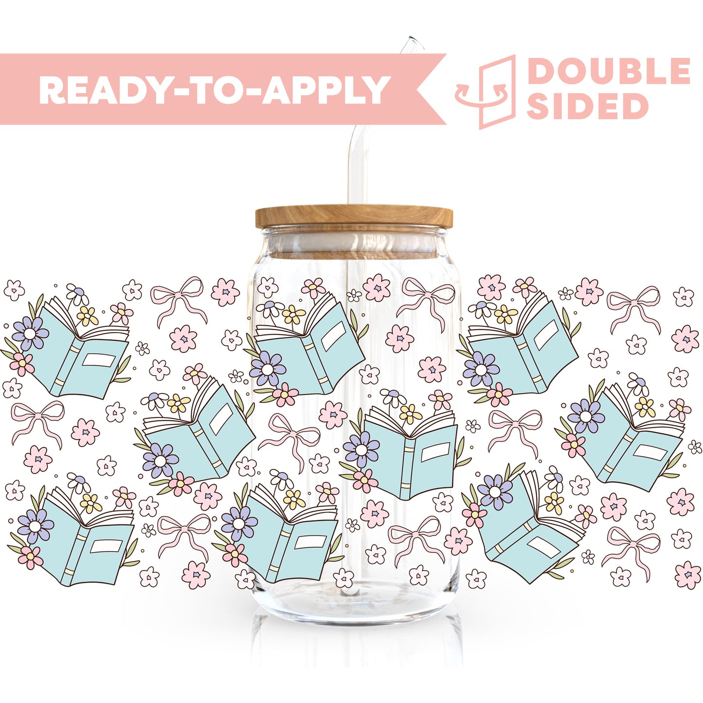 [ Double Sided ] 16oz Cup UV DTF Decal | Floral Book Blue