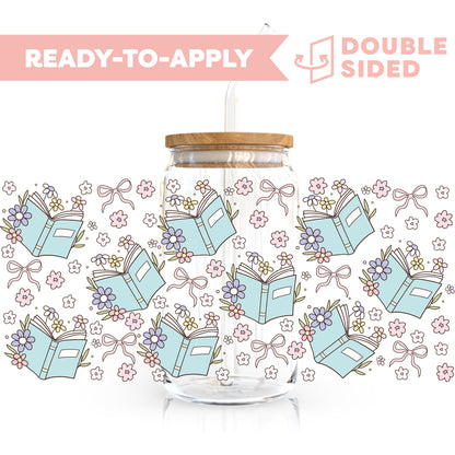 [ Double Sided ] 16oz Cup UV DTF Decal | Floral Book Blue
