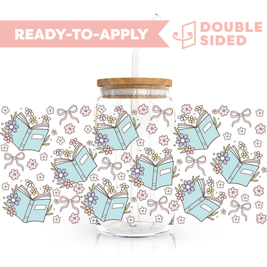 [ Double Sided ] 16oz Cup UV DTF Decal | Floral Book Blue
