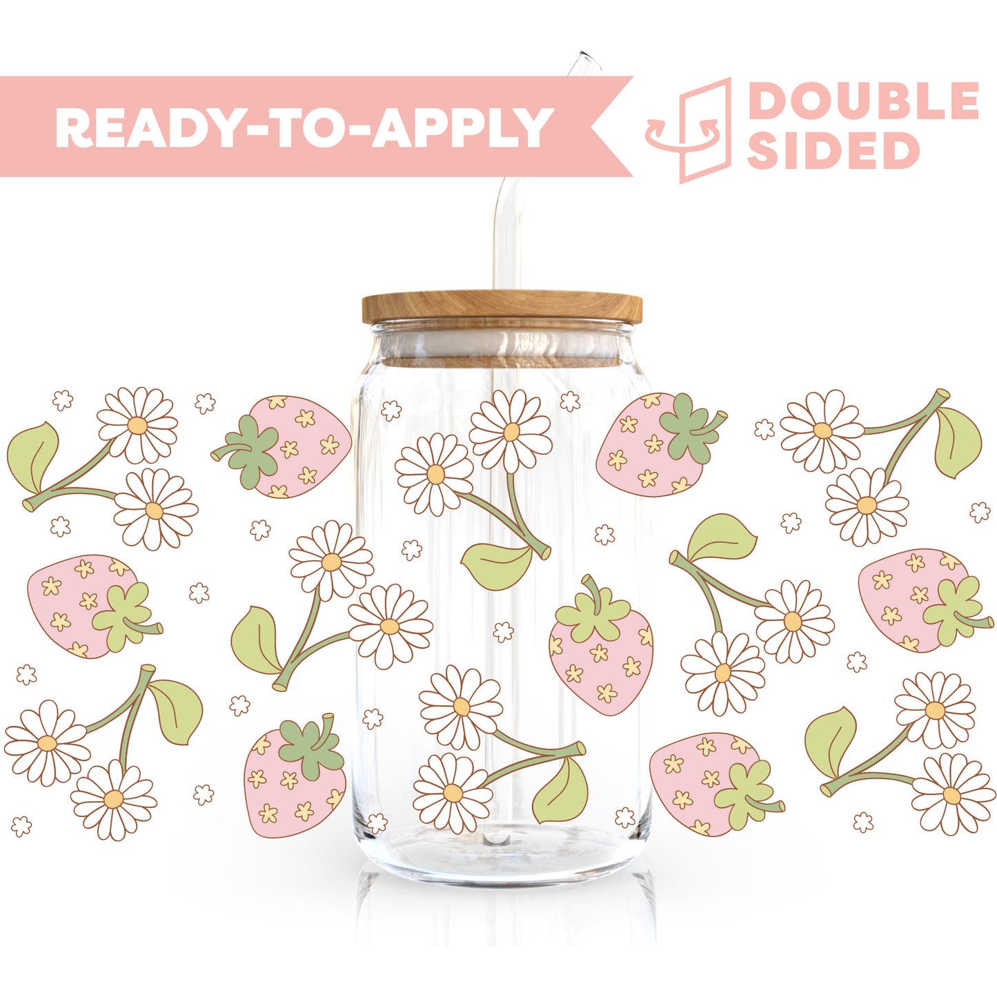 [ Double Sided ] 16oz Cup UV DTF Decal | Retro Floral Strawberry