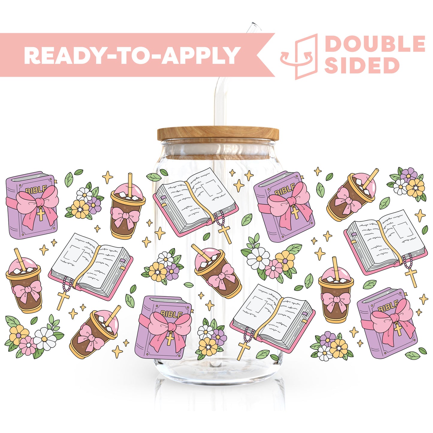 [ Double Sided ] 16oz Cup UV DTF Decal | Faith x Coquette Bow