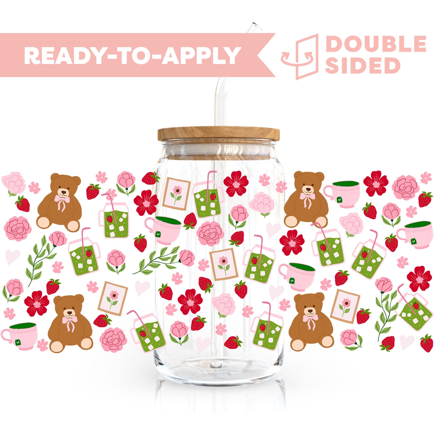 [ Double Sided ] 16oz Cup UV DTF Decal | Matcha Strawberry Bear