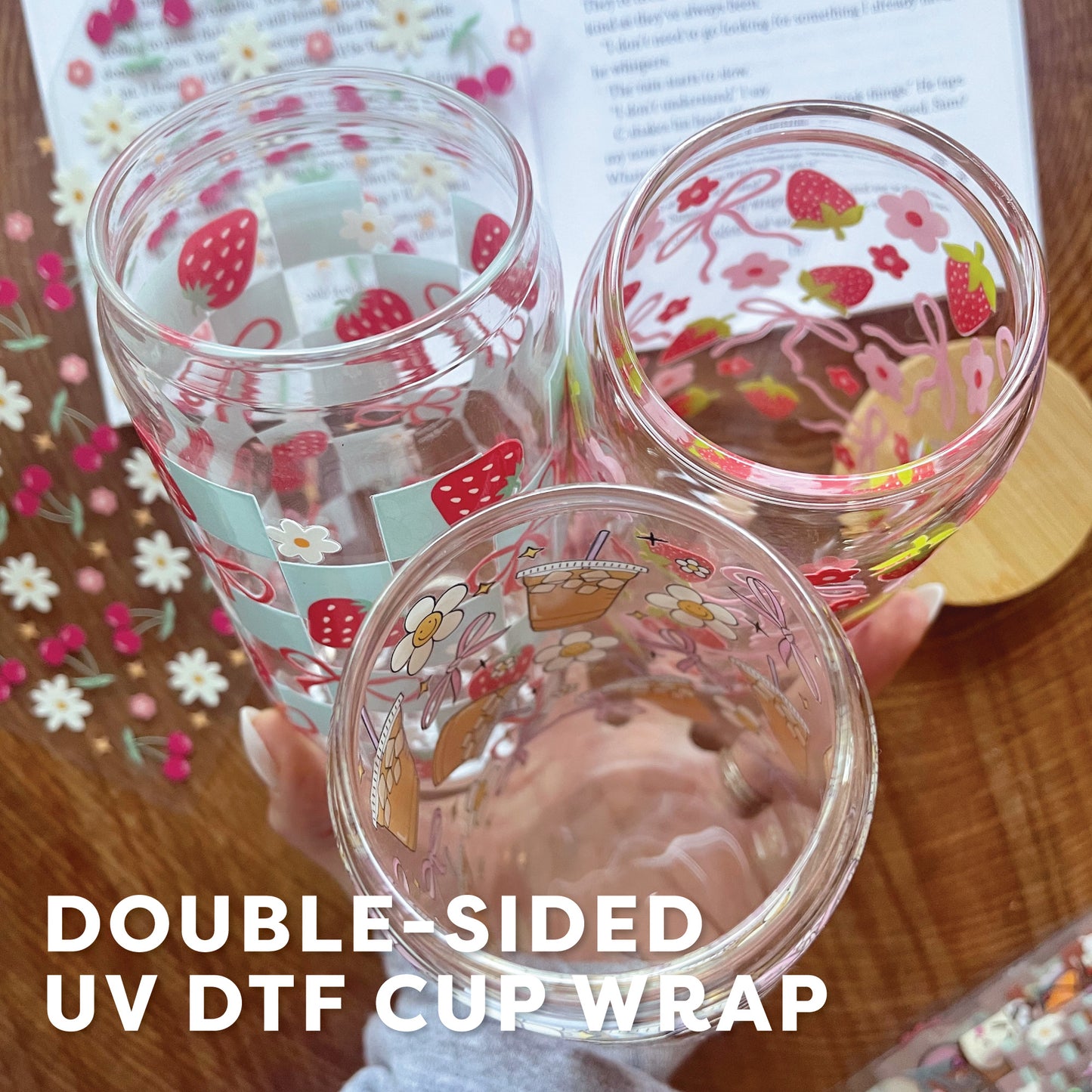 [ Double Sided ] 16oz Cup UV DTF Decal | Floral Cherry