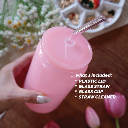 16oz Glass Can withPlastic Lid and Glass Straw | Solid Pink