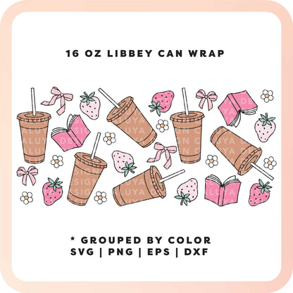 [ Digital File ] 16oz Libbey Can Wrap SVG | Strawberry Book & Coffee SVG