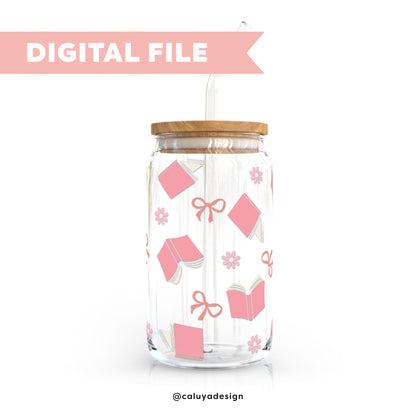 16oz Libbey Can Cup Wrap SVG | Book Pink Bow SVG